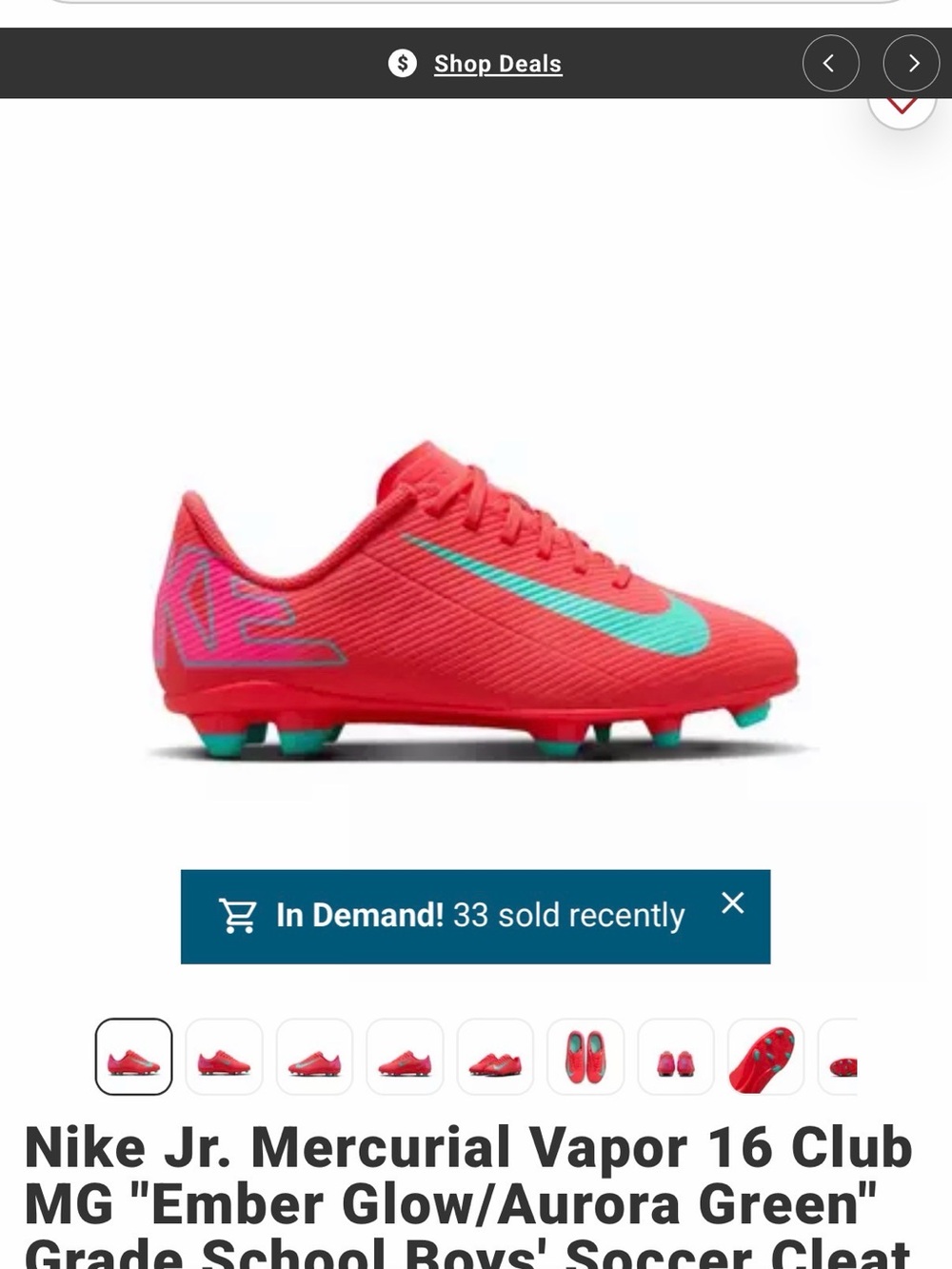 Nike Kids Mercurial Vapor Soccer Cleats in Ember Glow and Aurora Green